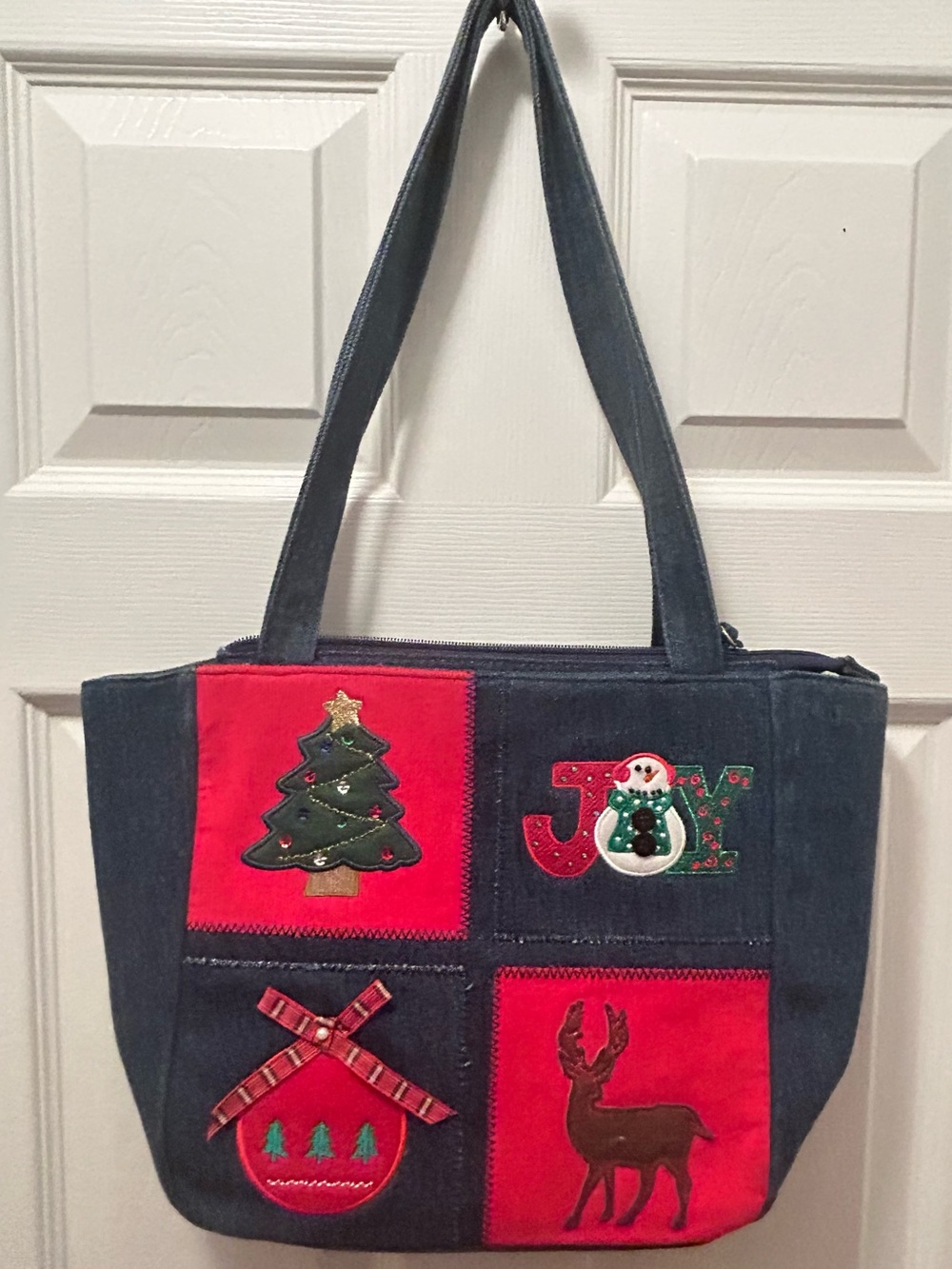 Kim Rogers Christmas Patchwork Denim Shoulder Tote Bag Holiday Embroidered